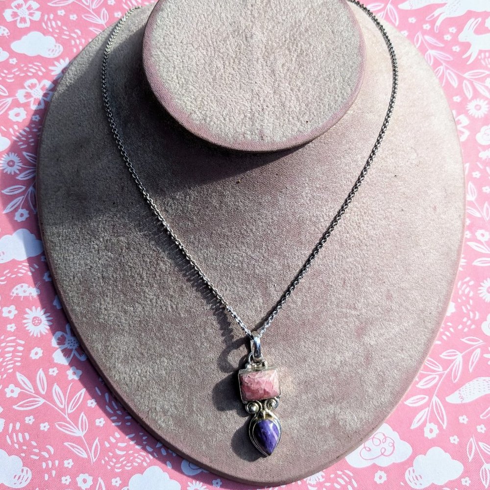 Rhodochrosite, Charoite and Sterling Silver Necklace - Picture 3 of 4